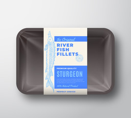 Wall Mural - The Original Fish Fillets Abstract Vector Packaging Design Label on Plastic Tray with Cellophane Cover. Modern Typography and Hand Drawn Sturgeon Silhouette Background Layout.