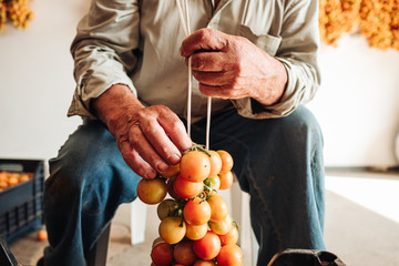 Sticker - PUGLIA / ITALY -  AUGUST 2019: The old tradition of hanging cherry tomatoes on the wall to preserve them for wintrr time in the south of Italy