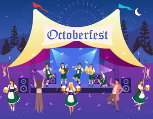 Wall Mural - Oktoberfest flat vector illustration. Folk performance, concert in tent. Beer Festival. Music and dances. People in national costumes carry beer have fun. Volksfest waitress cartoon characters