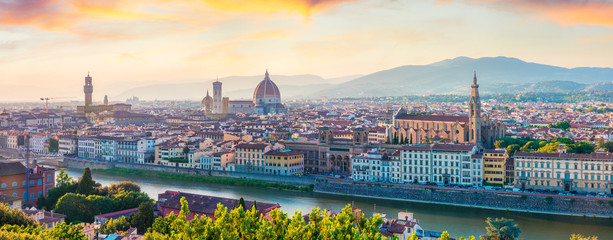 Wall Mural - Fabulous spring panorama of Florence with Cathedral of Santa Maria del Fiore (Duomo) and Basilica of Santa Croce. Colorful sunset in Tuscany, Italy, Europe. Traveling concept background.