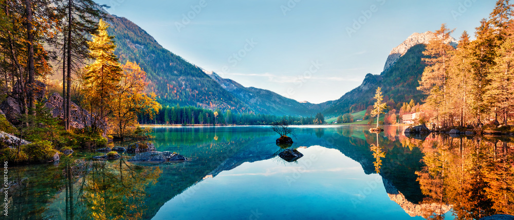 Fantastic autumn panorama on Hintersee lake. Colorful morning view of Bavarian Alps on the Austrian border, Germany, Europe. Beauty of nature concept background. - obrazy, fototapety, plakaty 