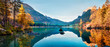 Fantastic autumn panorama on Hintersee lake. Colorful morning view of Bavarian Alps on the Austrian border, Germany, Europe. Beauty of nature concept background.