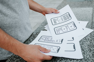 UX mobile application wireframe. Sketch, prototype, framework, layout future app design project. UI/UX - user interface and user experience designer. Creative concept for smartphone. App development