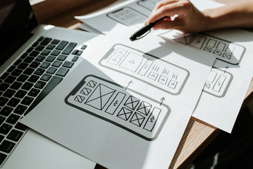 UX mobile application wireframe. Sketch, prototype, framework, layout future app design project. UI/UX - user interface and user experience designer. Creative concept for smartphone. App development
