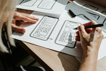 UX mobile application wireframe. Sketch, prototype, framework, layout future app design project. UI/UX - user interface and user experience designer. Creative concept for smartphone. App development