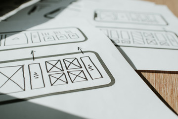 UX mobile application wireframe. Sketch, prototype, framework, layout future app design project. UI/UX - user interface and user experience designer. Creative concept for smartphone. App development