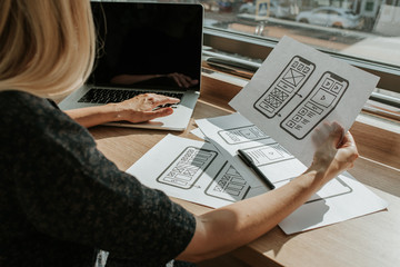 UX mobile application wireframe. Sketch, prototype, framework, layout future app design project. UI/UX - user interface and user experience designer. Creative concept for smartphone. App development