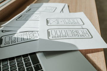 UX mobile application wireframe. Sketch, prototype, framework, layout future app design project. UI/UX - user interface and user experience designer. Creative concept for smartphone. App development