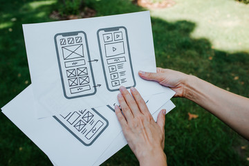 UX mobile application wireframe. Sketch, prototype, framework, layout future app design project. UI/UX - user interface and user experience designer. Creative concept for smartphone. App development