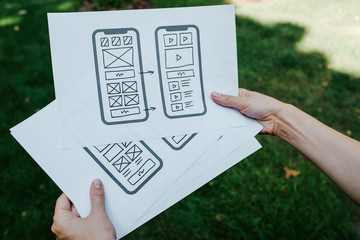 UX mobile application wireframe. Sketch, prototype, framework, layout future app design project. UI/UX - user interface and user experience designer. Creative concept for smartphone. App development