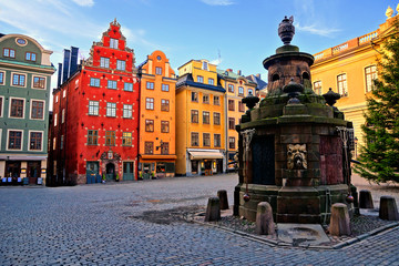 Canvas Print - Colorful buildings of Stortorget, the main square in Gamla Stan, the Old Town of Stockholm, Sweden