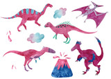 Fototapeta Dinusie - A large set of several dinosaurs, volcano and cloud, drawn in one style, pink color, for the decoration of textiles, children's books. On a white background, isolated. Cute fossil animals.