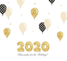 2020 New Year And Christmas Template With Gold Glitter Balloons. For Banners, Posters And Greeting Cards. Vector.
