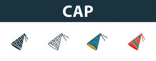 Cap Icon Set. Four Elements In Diferent Styles From Party Icon Icons Collection. Creative Cap Icons Filled, Outline, Colored And Flat Symbols
