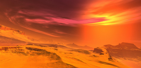Wall Mural - Fantasy alien landscape on a desert planet. A burning sun in a dramatic starry sky. 3D illustration