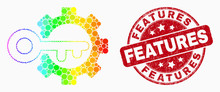 Pixelated Rainbow Gradiented Key Options Gear Mosaic Icon And Features Seal Stamp. Red Vector Rounded Scratched Stamp With Features Phrase. Vector Collage In Flat Style.