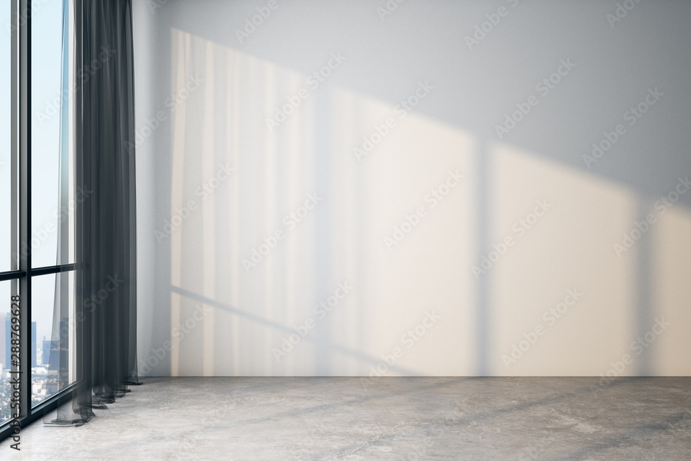Modern light empty room with blank white wall, concrete floor and big window with city view. - obrazy, fototapety, plakaty 