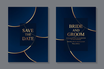 Modern geometric luxury wedding invitation design or card templates for business or presentation or greeting with rounded golden lines on a navy blue background.