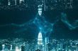 Global internet technology concept with abstract glowing lines and abstract upside down cityscape.