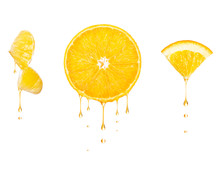 Drops Of Juice Drip From Cut Pieces Of Orange, Isolated On White Background