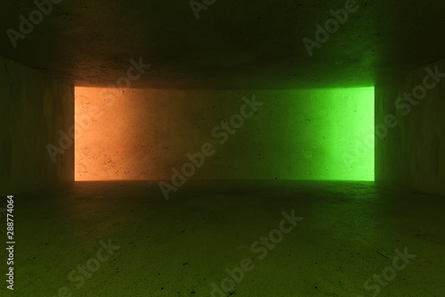 Modern loft style spacious hall with orange and green lights on blank wall, m...