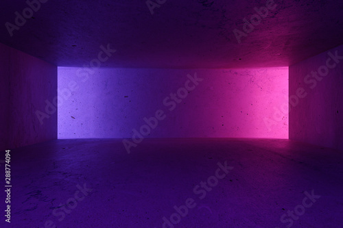 Modern loft style spacious hall with purple and pink lights on blank copyspac...