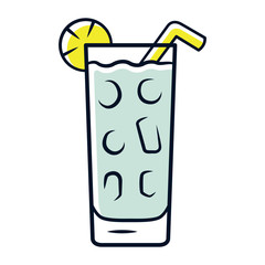 Poster - Cocktail in highball glass grey color icon. Summer icy refreshing soft drink with slice of lemon and straw. Tumbler with tall mixed drink. Gin and tonic. Isolated vector illustration