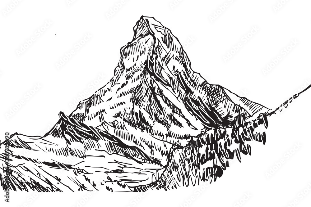 Rysynek ręcznie rysowany.  Widok na górę Matterhorn w Alpach - obrazy, fototapety, plakaty 