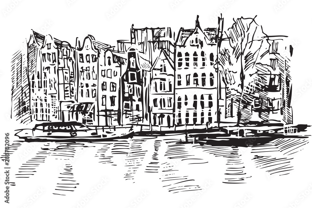 Rysynek ręcznie rysowany. Kanał w Amsterdamie - obrazy, fototapety, plakaty 