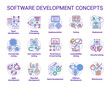 Software development concept icons set. Designing, programming, testing, fixing and maintaining programs. App creation idea thin line illustrations. Vector isolated outline drawings. Editable stroke
