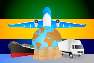 Gabon logistics concept illustration. National flag of Gabon from the back of globe, airplane, truck and cargo container ship