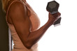Side view of anonymous female weightlifter arm holding metal weight flexing bicep over white, not isolated.