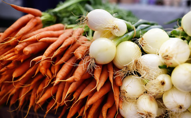 Fresh healthy organic carrots and onion on New York farmer agricultural market. Closeup. Healthy vegetarian food.