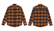 Flannel long sleeve shirt with a checkered pattern in black brown color, isolated on white background. Set of flannel shirt front and back view.