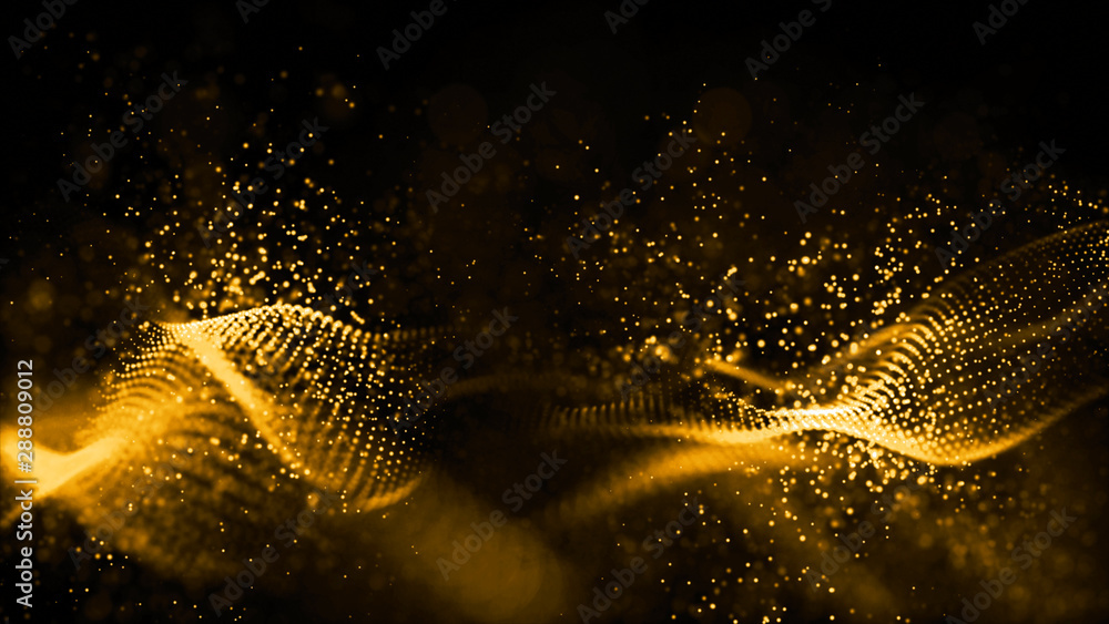 Gold color digital particles wave flow abstract technology background ...