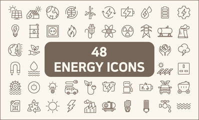 set of 48 energy and ecology line style. contains such icons as solar panels, oil, solar power, gree