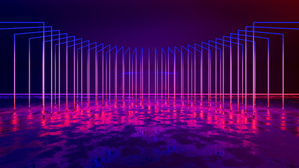 Wall Mural - Rectangle  neon light  with blackground,and concrete floor,ultraviolet  concept,3d render