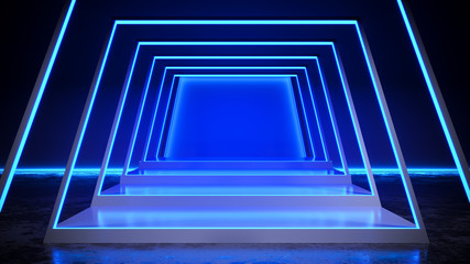 Wall Mural - square stage with neon light  blackground,and concrete floor,blue light concept,3d render