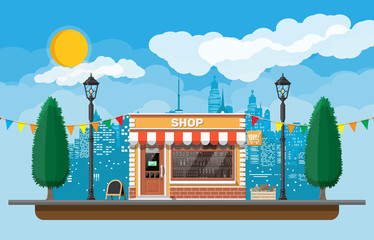 Wall Mural - Empty store front with window and door. Glass showcase, small european style shop exterior. Commercial, property, market or supermarket. City park, street lamp and trees. Flat vector illustration