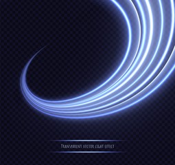 Wall Mural - Blue neon twirl light effect isolated on transparent background. Dynamic slow shutter speed effect. Abstract luminescent lines vector illustration.