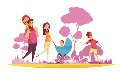 Canvas Print - Family Summer Stroll Cartoon Illustration