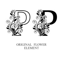  Elegant Initial Letters P In Two Color Variations With Botanical Element. Vector Letters Logo Design Template Set. Alphabet Label Sign For Company Branding And Identity.Unique Concept Type As Logotyp