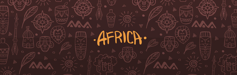 hand draw doodles of africa word. colorful illustration. background with lots of objects.