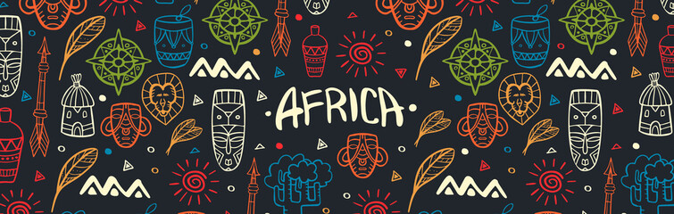 hand draw doodles of africa word. colorful illustration. background with lots of objects.