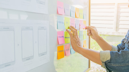 Creative Web Designer planning application and developing template layout, framework for mobile phone. User experience (UX) concept.
