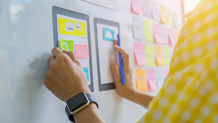 Wall Mural - Creative Web Designer planning application and developing template layout, framework for mobile phone. User experience (UX) concept.