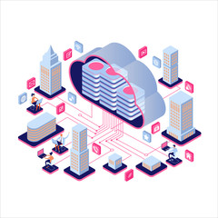 Wall Mural - Smart city or intelligent building isometric vector concept. Smart home control concept. Concept home with technology system. 3d isometric vector illustration.