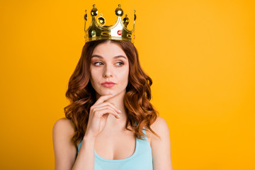 Sticker - Photo of foxy strict lady not sure about making decision wear tank-top and big golden crown isolated yellow background