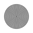 Flat, geometric abstract rosette made of small black dots in a circle on white.