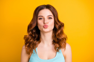 Sticker - Close up photo of gorgeous cute charming nice fascinating girlfriend wearing teal tank-top isolated with bright color background